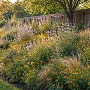 Texas Meadow Glow Border With Coreopsis, Lemon Beebalm, and Native Grasses