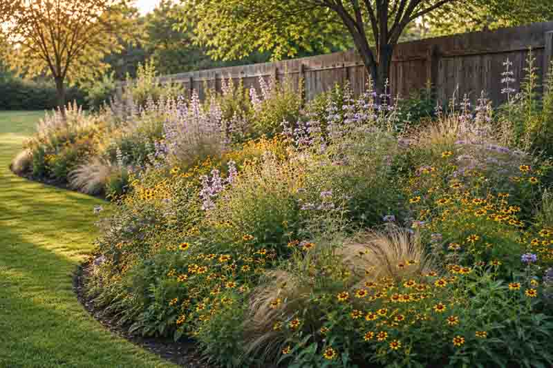 Texas Meadow Glow Border With Coreopsis, Lemon Beebalm, and Native Grasses