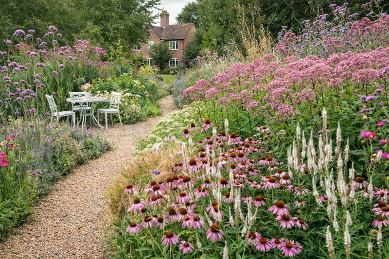 Echinacea purpurea, Purple Coneflower, Sedum Autumn Joy, Eupatorium Maculatum, Geranium Rozanne