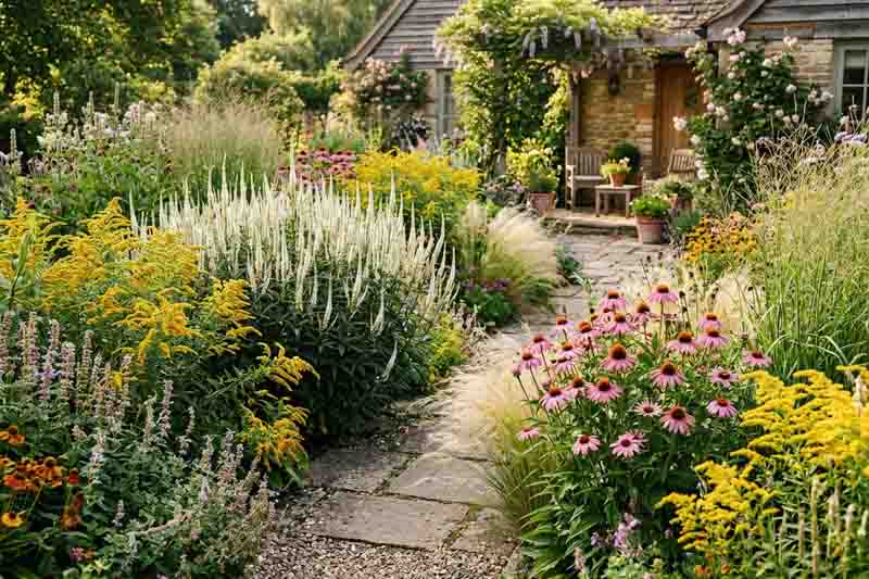 Echinacea purpurea, Veronicastrum virginicum, Solidago rugosa, and Panicum virgatum