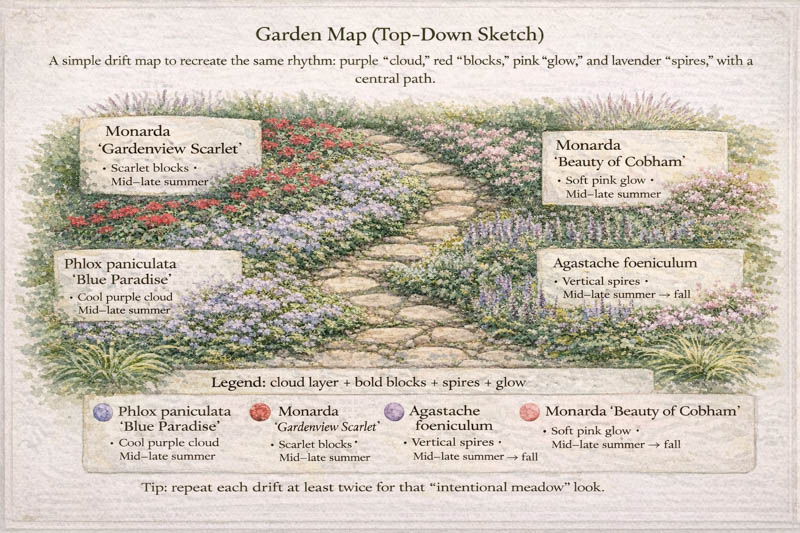 Garden map with phlox paniculata, agastache and monarda