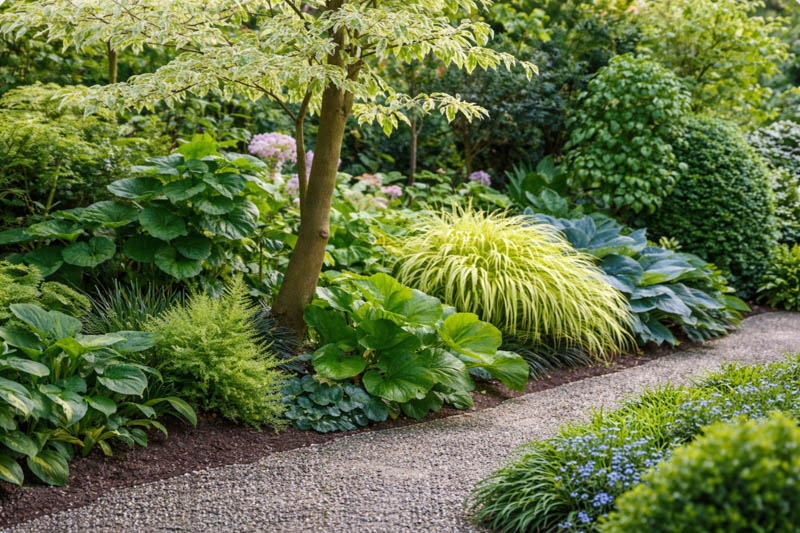 Shade border with Hosta, Bergenia, Cornus controversa 'Variegata', Hakone grass, mondo grass