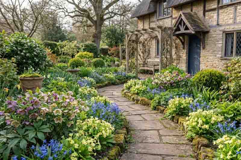 Helleborus × hybridus (Lenten Rose) , Primula vulgaris (Common Primrose) and Scilla sibirica (Siberian Squill).png
