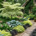 Shade border with Hosta, Bergenia, Cornus controversa 'Variegata', Hakone grass, mondo grass