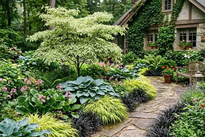 Shade border with Hosta, Bergenia, Cornus controversa 'Variegata', Hakone grass, mondo grass