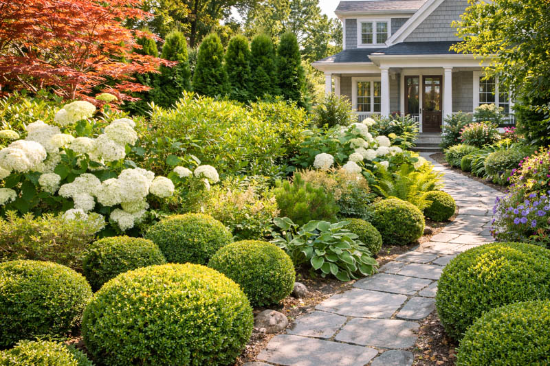 Hydrangea arborescens Annabelle, Japanese Maple, Boxwood