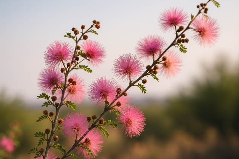 Fragrant mimosa shrub with pink puffball flowers in a rocky xeric garden