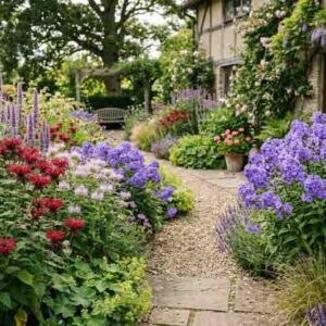 Sunlit Cottage Garden Border, Phlox, monarda, agastache foeniculum
