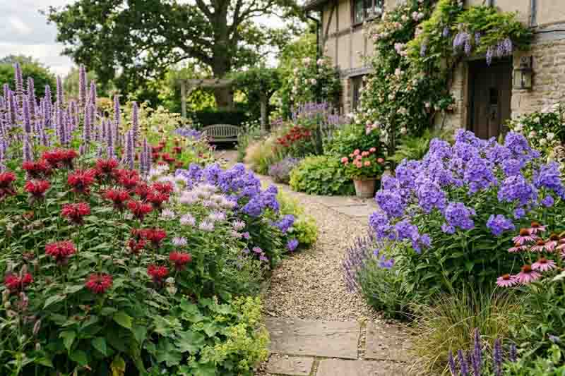 Sunlit Cottage Garden Border, Phlox, monarda, agastache foeniculum