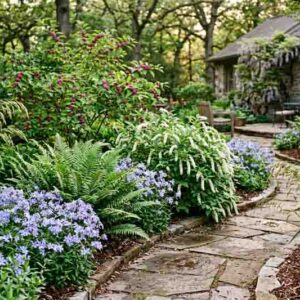 Shrub garden with American beautyberry (Callicarpa americana) , River oats (Chasmanthium latifolium), Virginia sweetspire (Itea virginica), Christmas fern (Polystichum acrostichoides), Woodland phlox (Phlox divaricata)