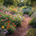 A vibrant wildflower border with coneflower, Indian blanket, mistflower, and autumn sage. Easy, drought-tolerant, and full of pollinators.