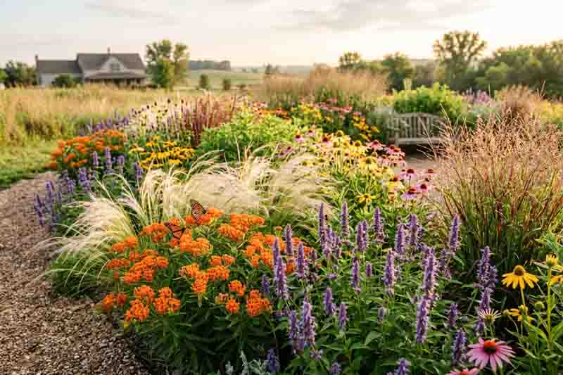 native garden, prairie garden, milkweed, asclepias, hyssop, agastache, stipa, switchgrass