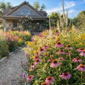 Native prairie for front-yard, Echinacea purpurea mingle with Veronicastrum, goldenrod, and switchgrass.