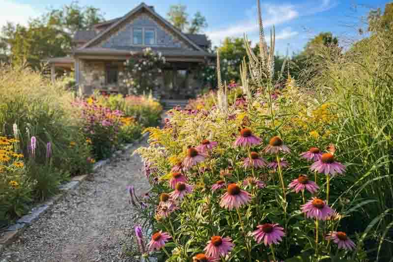 Native prairie for front-yard, Echinacea purpurea mingle with Veronicastrum, goldenrod, and switchgrass.