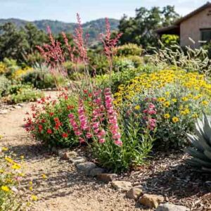 A colorful mix of heat-loving plants, Penstemon parryi, Hesperaloe parviflora, Red yucca, Salvia greggii, Autumn sage, Blue grama grass, Encelia farinosa, Brittlebush, Agave parryi – Parry’s agave