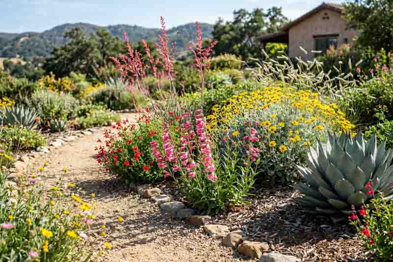 A colorful mix of heat-loving plants, Penstemon parryi, Hesperaloe parviflora, Red yucca, Salvia greggii, Autumn sage, Blue grama grass, Encelia farinosa, Brittlebush, Agave parryi – Parry’s agave