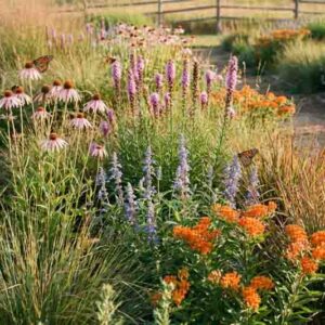 Native garden with echinacea pallida,Pale coneflower, Liatris pycnostachya,Prairie blazing star, Veronicastrum virginicum – Culver’s root, Schizachyrium scoparium, Little bluestem, Sporobolus heterolepis, Prairie dropseed, Asclepias tuberosa, Butterfly milkweed