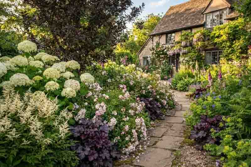 Summer border with Hydrangea arborescens 'Annabelle', Rosa 'Ballerina', Astilbe 'Deutschland', ferns and poppies._