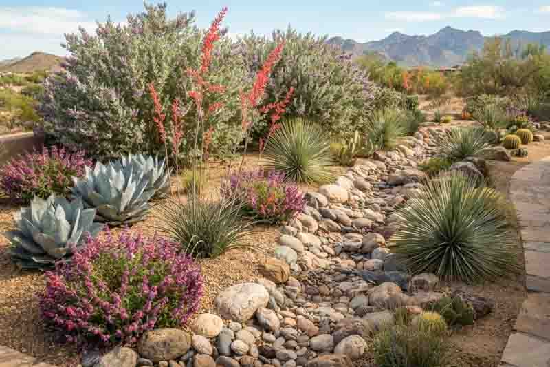 Desert Dry Creek Border with Agave & Texas Sage