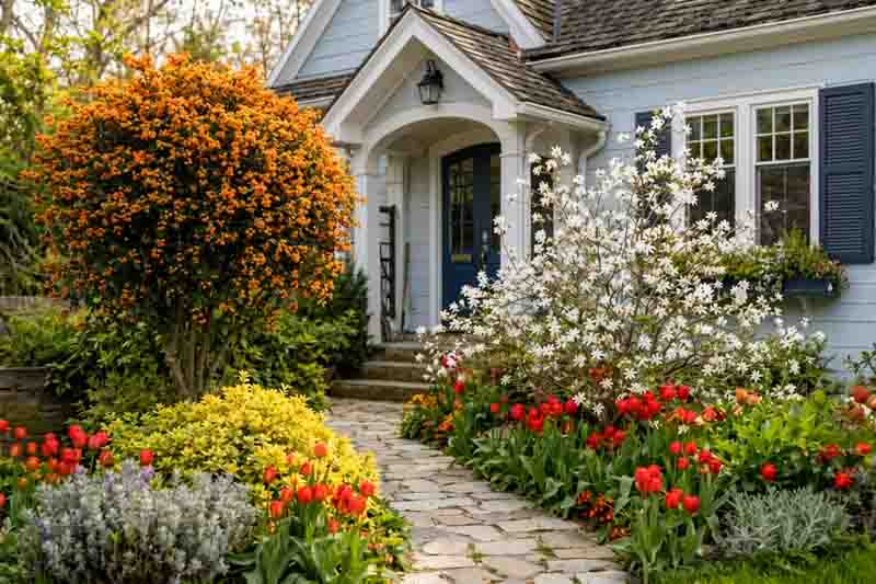 Spring garden with Berberis darwinii, Magnolia stellata, yellow Euonymus fortunei, Lavandula