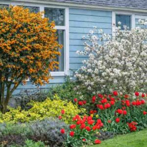 Berberis darwinii, white Magnolia stellata, yellow Euonymus fortunei, Lavandula