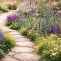 Digitalis parviflora, Echinacea pallida, Salvia 'Caradonna', Summer border along a gravel path planted with Eryngium zabelii 'Big Blue', Verbena bonariensis and ornamental grasses.