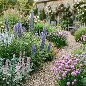 Echium vulgare Stachys byzantina Veronica gentianoides, chives and Borago