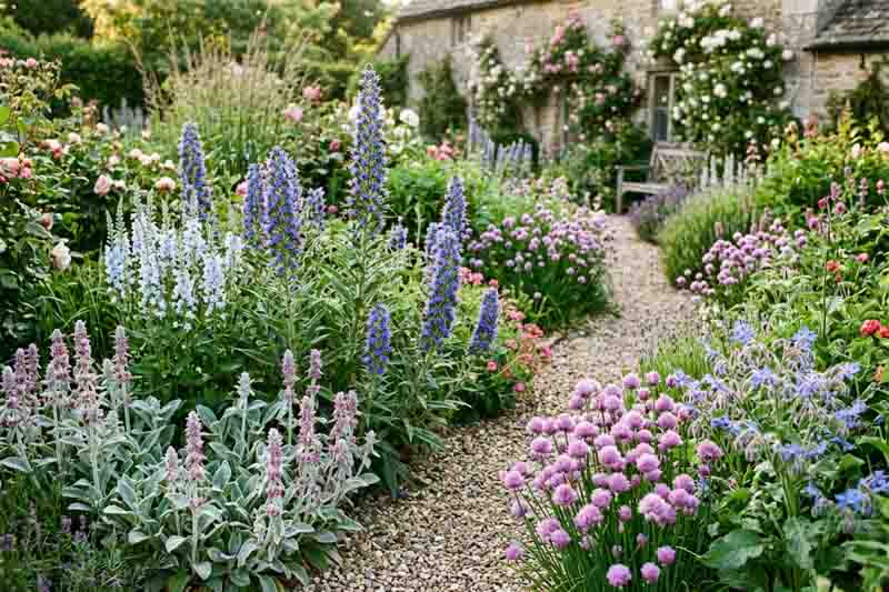 Echium vulgare Stachys byzantina Veronica gentianoides, chives and Borago