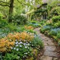 Epimedium Amber Queen in a woodland border with Anemone nemorosa Robinsoniana, myosotis
