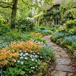 Epimedium Amber Queen in a woodland border with Anemone nemorosa Robinsoniana, myosotis