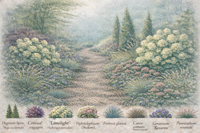 Garden map thuja, hydrangea Limelight, festuca, sedum, geranium, carex, pennisetum