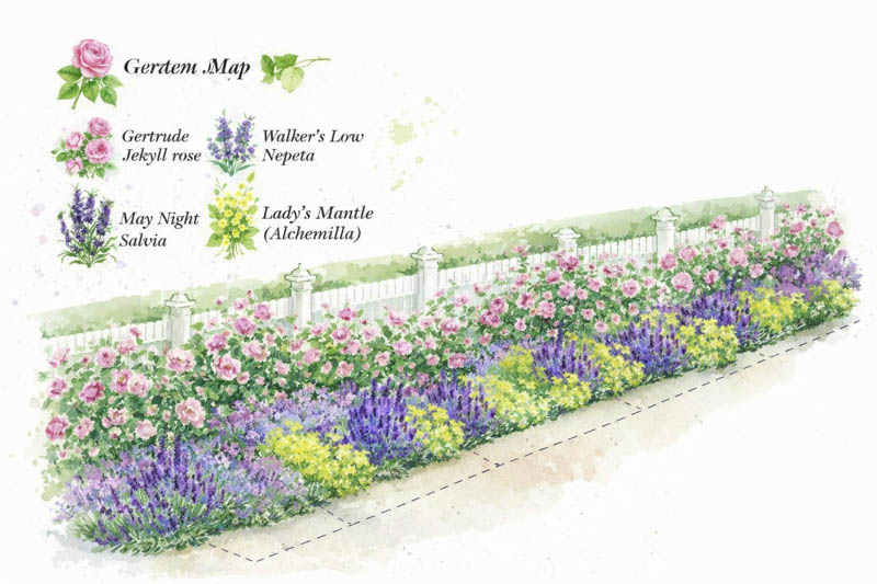 Garden map with english rose, salvia, nepeta, alchemilla