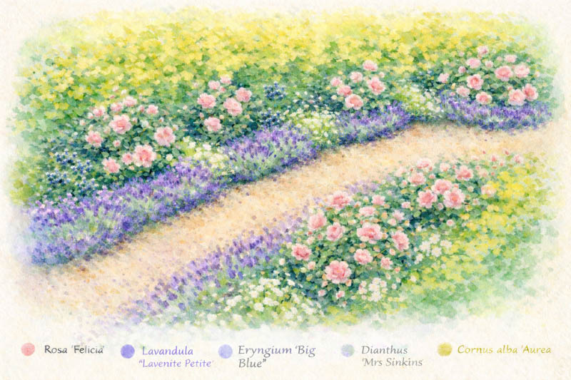 Garden map with rose Felicia, Lavender, Dianthus, Sea Holly, Cornus