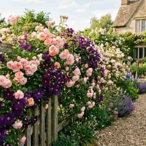 Romantic Fence Garden covered with English rose ‘A Shropshire Lad’ with abundant blush-pink blooms and Clematis ‘Romantika’ unfurling deep violet, star-shaped flowers.