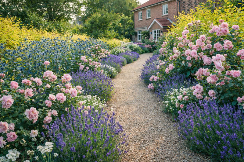 Rosa Felicia, Eryngium Big Blue, Lavandula Lavenite Petite, Cornus alba 'Aurea3