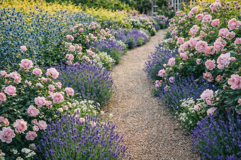 Pollinator-Friendly Cottage Border with Roses and Lavender