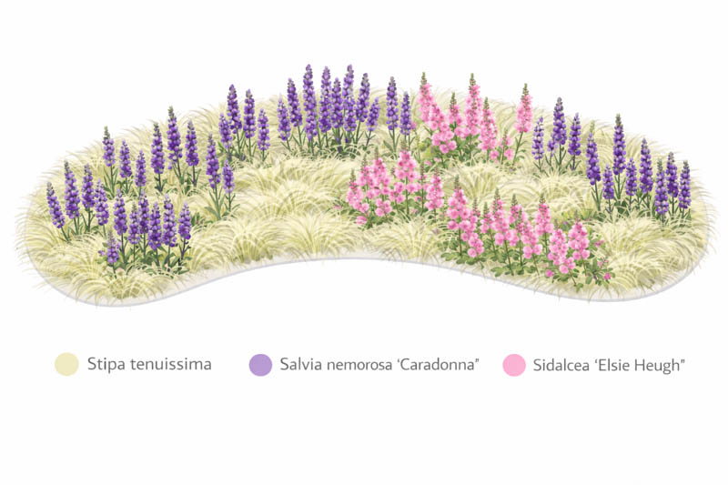 Salvia nemorosa Caradonna, Sidalcea, Stipa tenuissima, Garden map