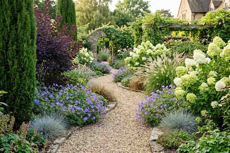 Thuja occidentalis, Cotinus coggygria, Hydrangea paniculata, Geranium ‘Rozanne’, Hylotelephium, Carex comans, Festuca glauca, and Pennisetum orientale