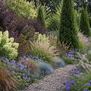 Thuja occidentalis Degroot's Spire, Cotinus coggygria 'Royal Purple', Carex comans 'Bronze-Leaved', Festuca glauca 'Blaufuchs', Geranium 'Rozanne', Hydrangea paniculata 'Limelight', Pennisetum orientale