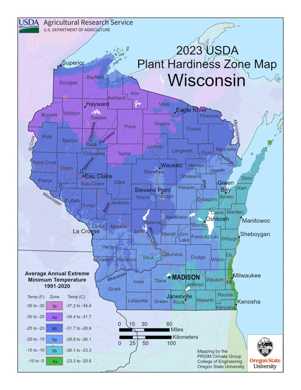Wisconsin Planting Zones, Wisconsin Growing Zones, Wisconsin Garden Zones, Wisconsin Hardiness Zone Map