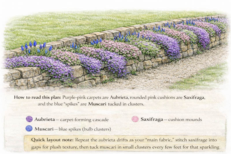 Wall covered with Aubrieta, Saxifraga, Muscari