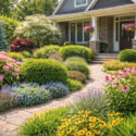 The image features a classic Zone 6-friendly front yard landscape with hydrangea, coneflower, black-eyed Susan, salvia or lavender, creeping phlox, boxwood, blue spruce, flowering dogwood or viburnum, Japanese maple, and ornamental grasses. These plants create a vibrant, layered, and seasonally rich garden.