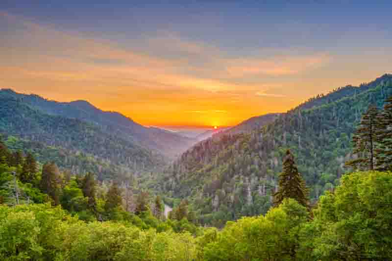 Great Smoky Mountains National Park, Tennessee, USA sunset landscape over Newfound Gap.