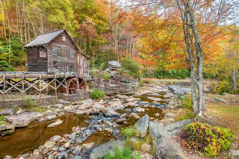 Close up of a grist mill in West Virginia shows the antiquated design of how water energy helped grind corn into a usable food staple.