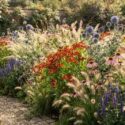 Summer garden design idea with helenium, echinops, echinacea