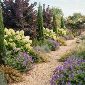 Thuja occidentalis Degroot's Spire, Cotinus coggygria 'Royal Purple', Carex comans 'Bronze-Leaved', Festuca glauca 'Blaufuchs', Geranium 'Rozanne', Hydrangea paniculata 'Limelight', Pennisetum orientale