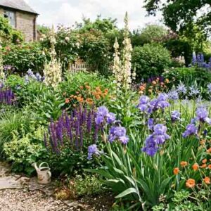 Spring perennial planting with Verbascum, Salvia nemerosa 'Caradonna', Geum, Iris, Aquilegia Blue Barlow and Camassia leichlinii