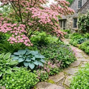 Cornus kousa 'Satomi', Hosta 'Patriot', Hosta 'Hadspen Blue', Pulmonaria 'Ice Ballet', Saxifraga urbium