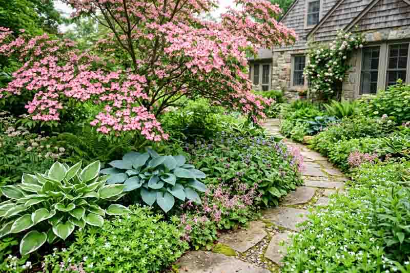 Cornus kousa 'Satomi', Hosta 'Patriot', Hosta 'Hadspen Blue', Pulmonaria 'Ice Ballet', Saxifraga urbium