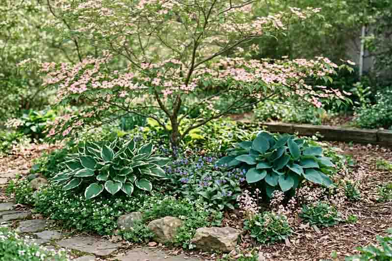 Shade Garden Planting: Pink Dogwood + Variegated & Blue Hostas